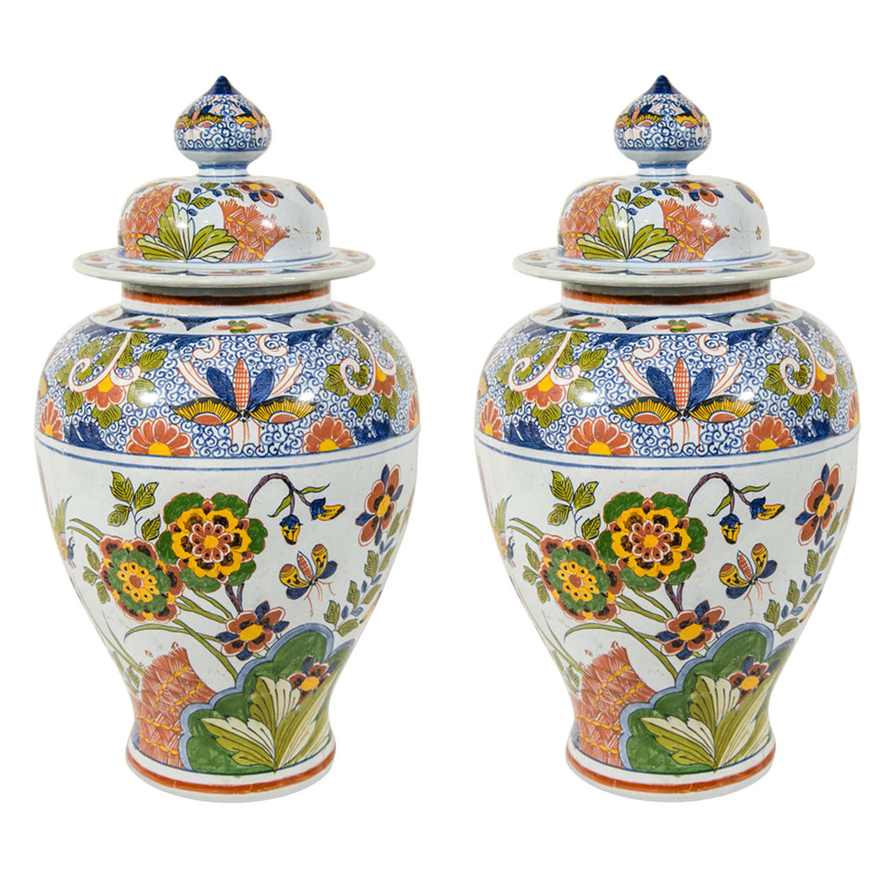 Pair of Antique Dutch Delft Covered Vases at 1stdibs