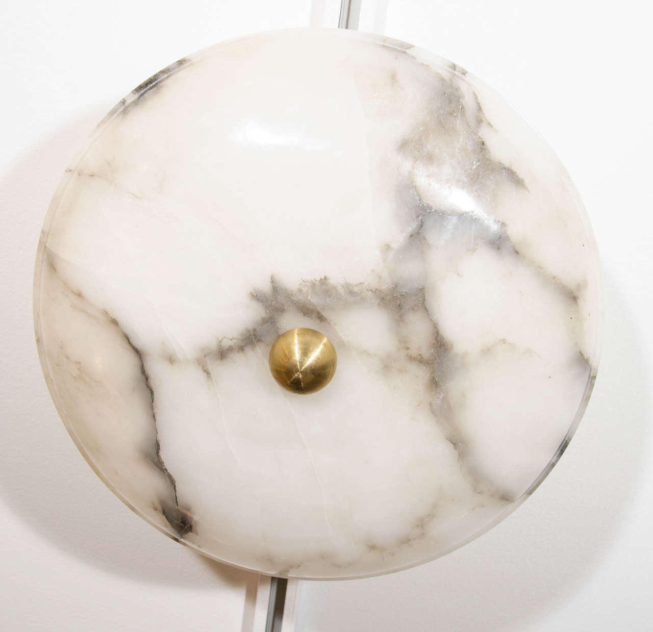 Stormy charcoal mineral veining provide visual interest in this single rimmed ceiling hugging fixture.  A single brass button attaches the alabaster bowl to the working parts of this light.  Recently rewired, the fixture holds three X 40 watt 