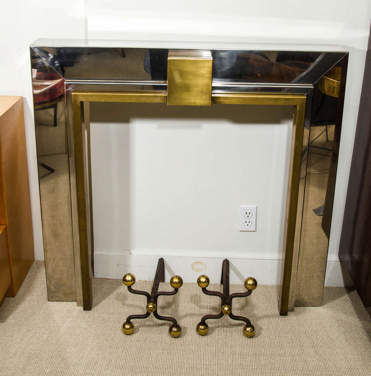 French chrome and brass fireplace mantel 