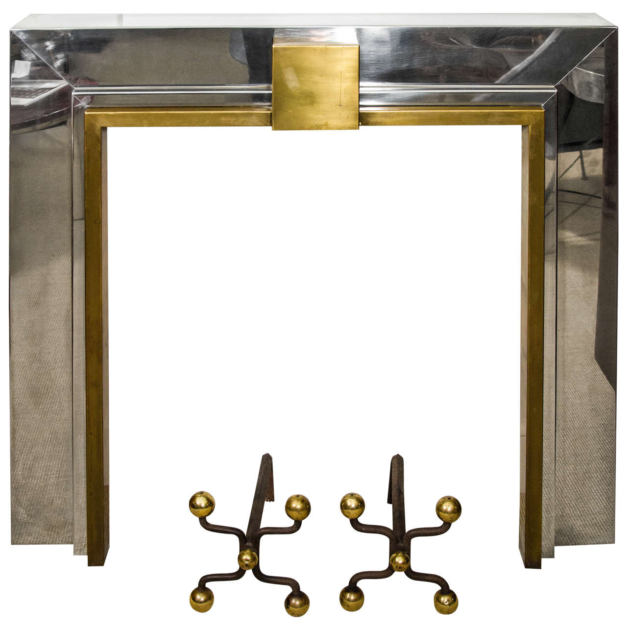 French Chrome and Brass Fireplace Mantle  For Sale