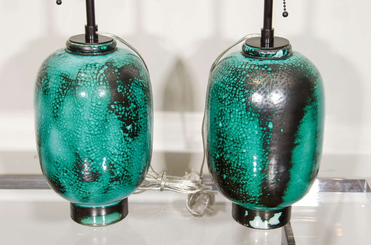 Pair of French Primavera au Printemps Green, Blue and Black Glaze Ceramic Lamps 1
