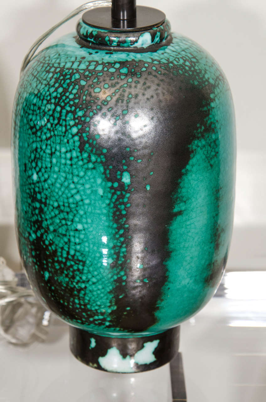 Pair of French Primavera au Printemps Green, Blue and Black Glaze Ceramic Lamps 2