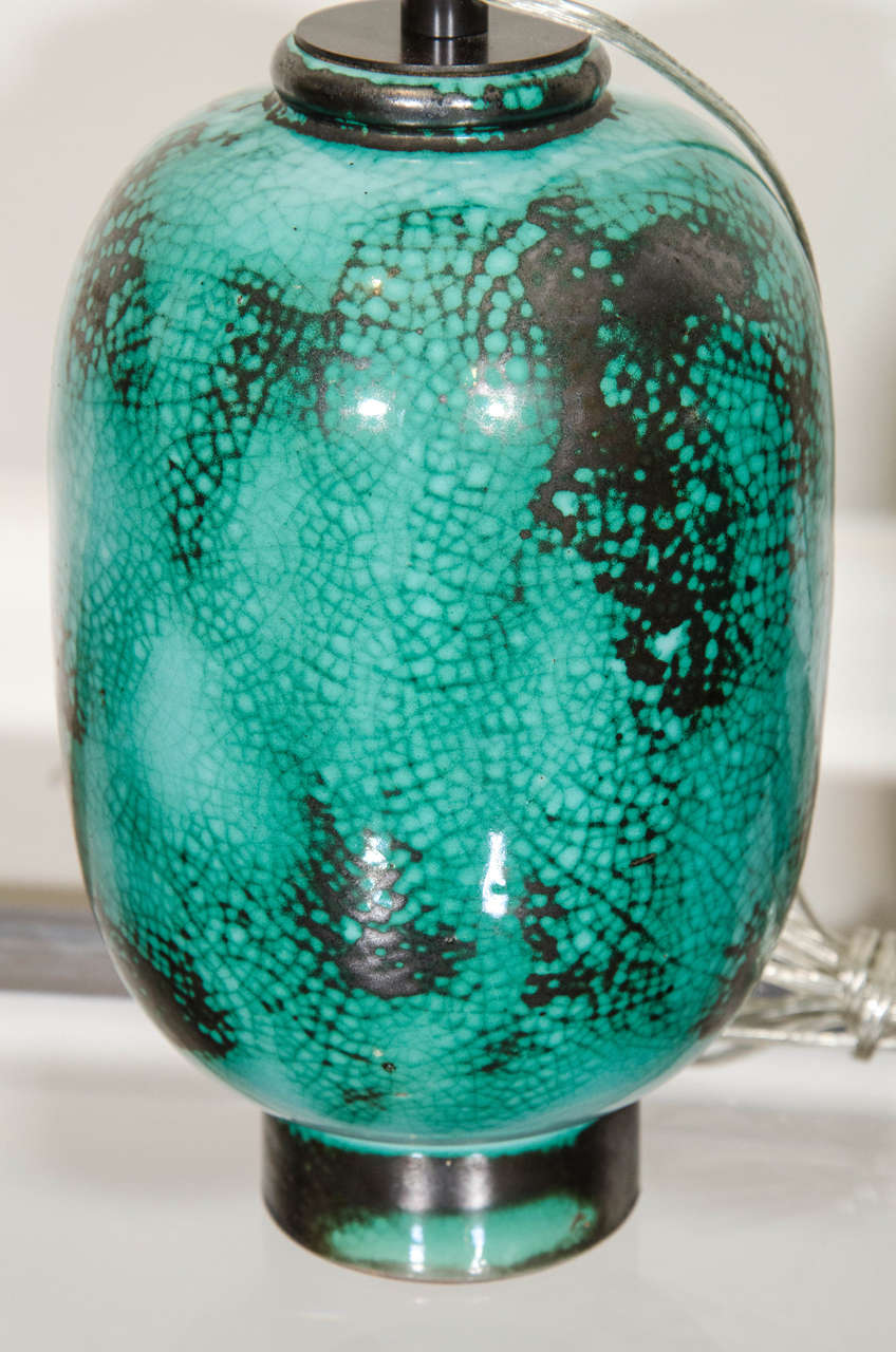 Pair of French Primavera au Printemps Green, Blue and Black Glaze Ceramic Lamps 3