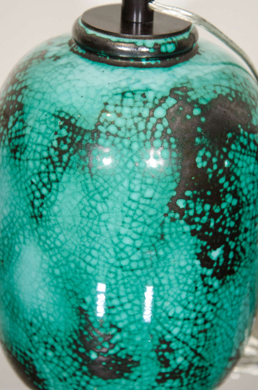 Pair of French Primavera au Printemps Green, Blue and Black Glaze Ceramic Lamps 4