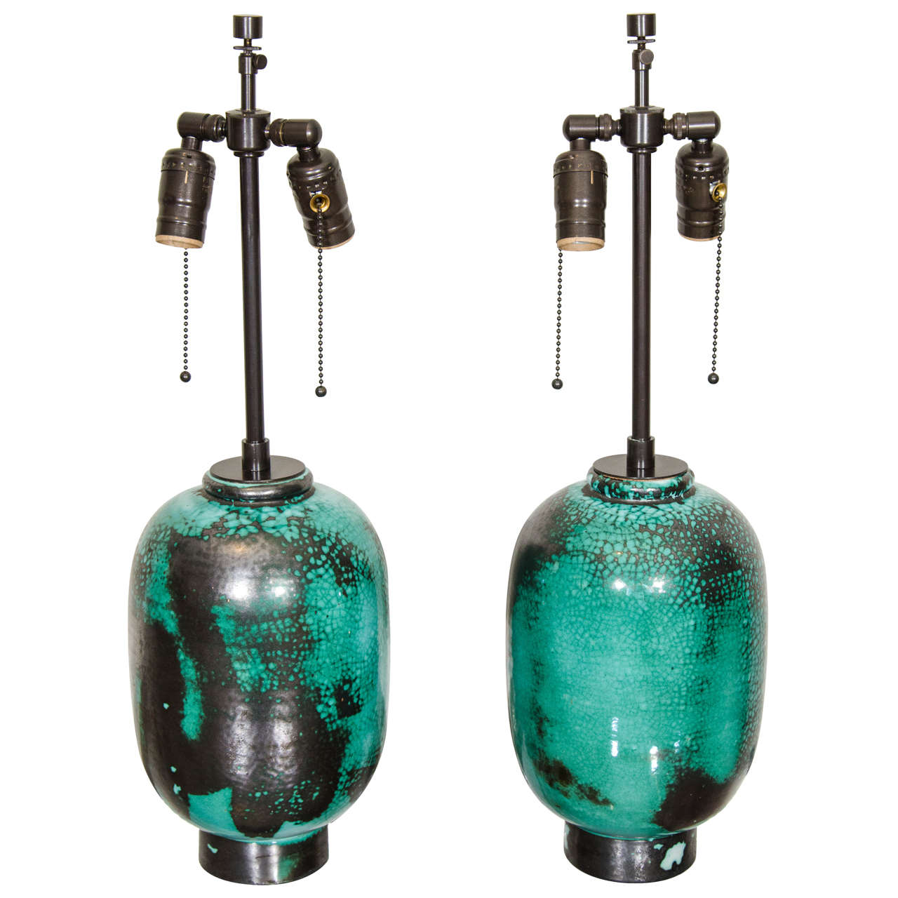 Pair of French Primavera au Printemps Green, Blue and Black Glaze Ceramic Lamps