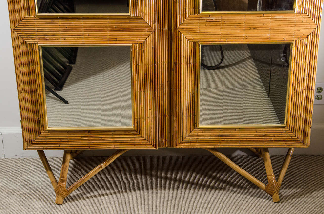 Mid-Century Modern Bamboo Cabinet with Mirrored Glass Squares, France, circa 1950-1960
