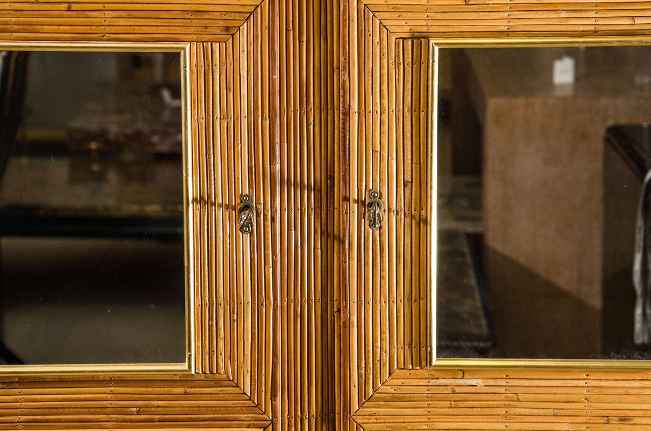 French Bamboo Cabinet with Mirrored Glass Squares, France, circa 1950-1960