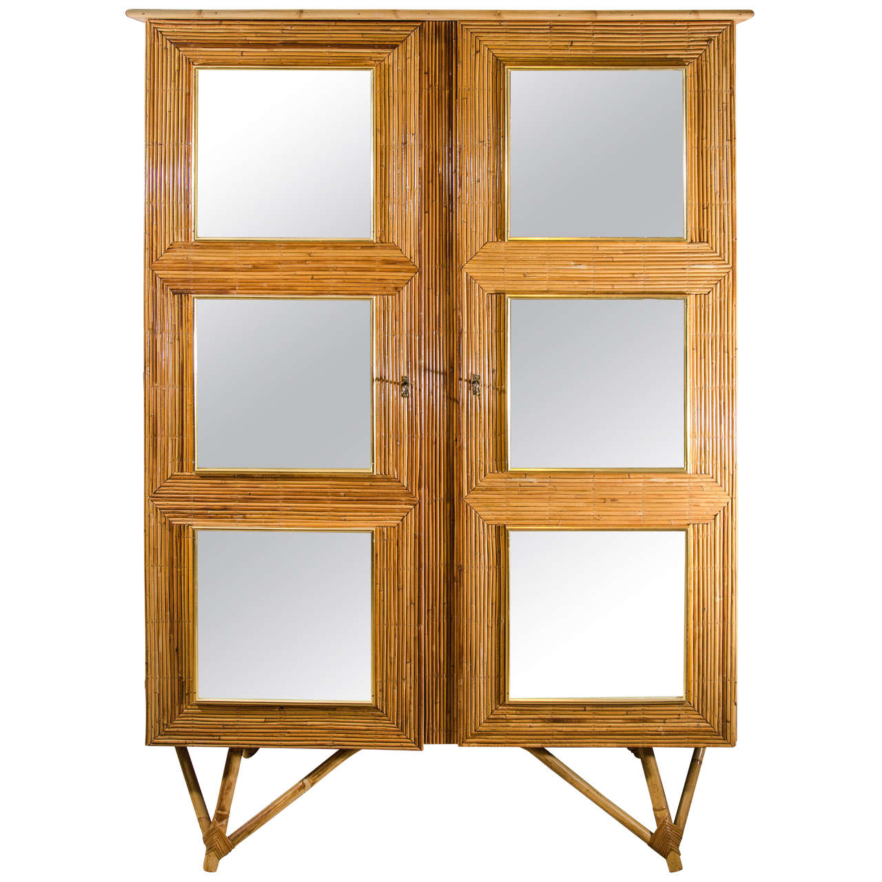 Bamboo Cabinet with Mirrored Glass Squares, France, circa 1950-1960