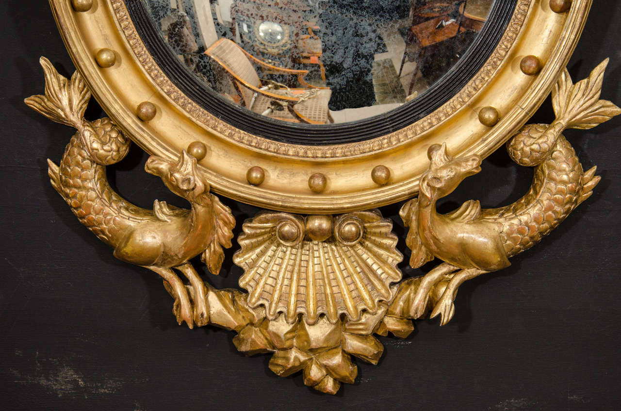 Regency Giltwood Convex Mirror with Hippocampus In Excellent Condition In Westwood, NJ