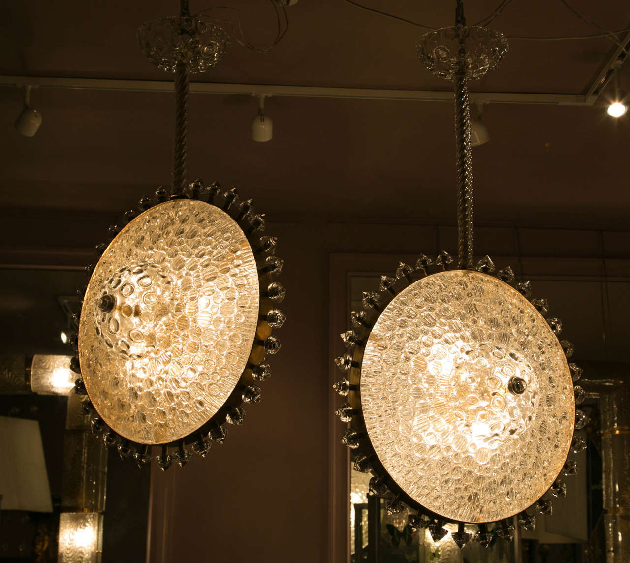 Original pair of Murano glass chandeliers, sun shape, one chandelier is 100 cm high, the other one 110 cm.