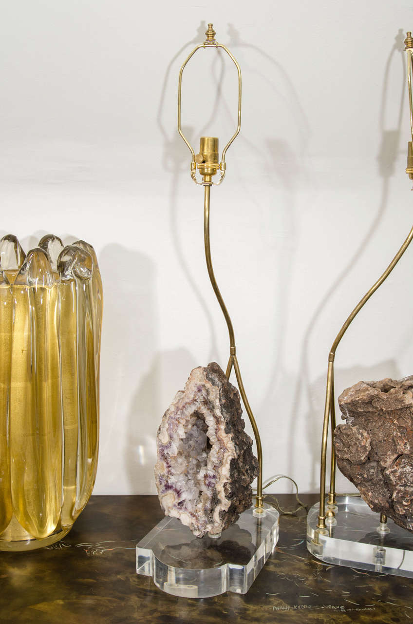 Pair of Brass and Lucite Lamps Featuring Large Geodes
