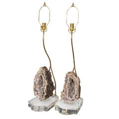 Pair of Brass and Lucite Lamps Featuring Large Geodes