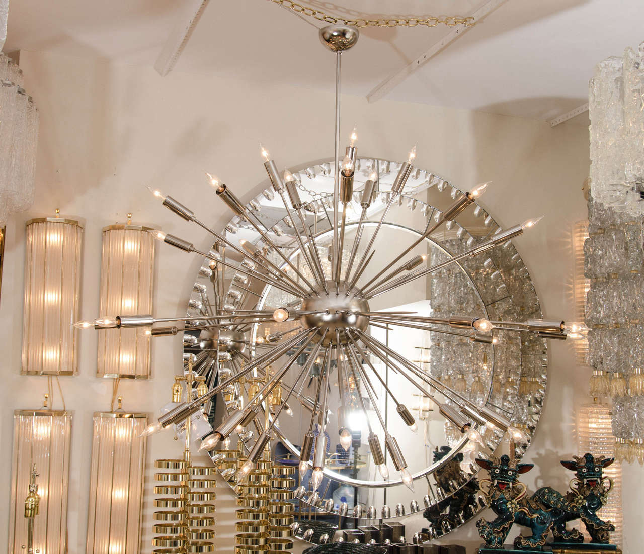 Monumental polished nickel Sputnik style chandelier.