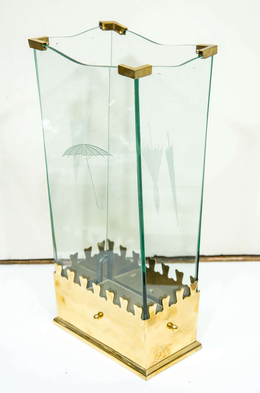 Brass and glass umbrella stand with etched details by Fontana Arte.