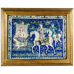 Large Persian Qajar Tile Picture Plaque Depicting Khusrau Visiting Shirin