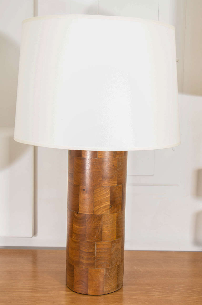 Walnut patched on cylinder based table lamp with new fabric shade. Base diameter 6.5".