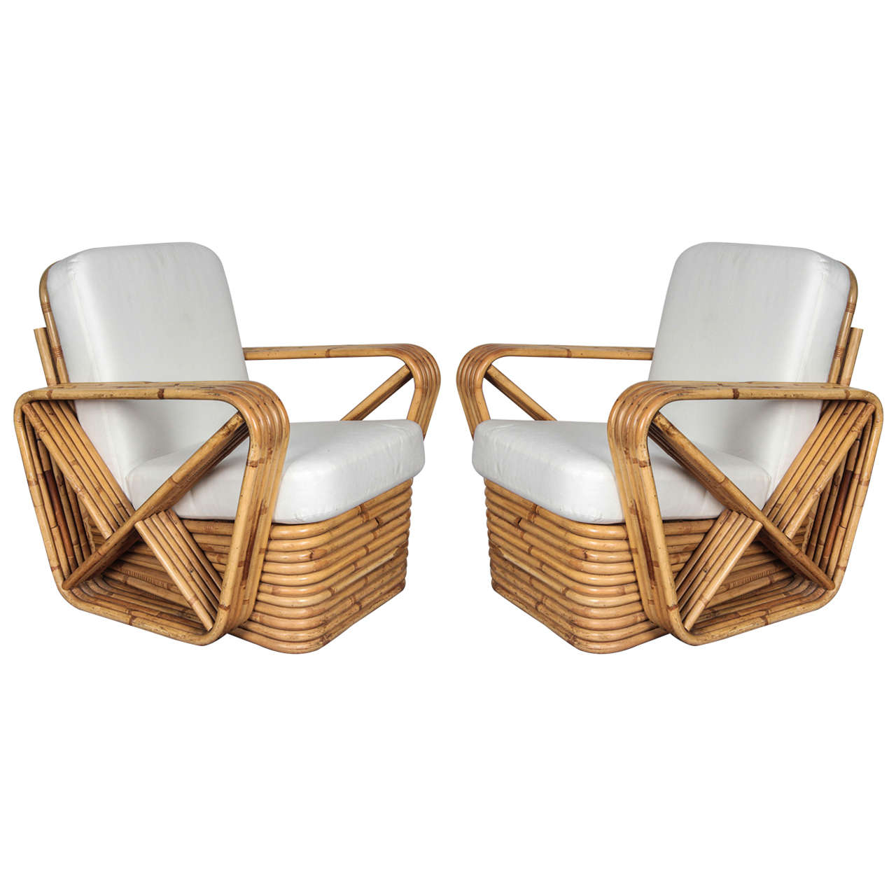 Pair of Paul Frankl Style Five-Strand Square Pretzel Rattan Armchairs