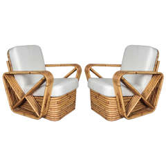 Pair of Paul Frankl Style Five-Strand Square Pretzel Rattan Armchairs