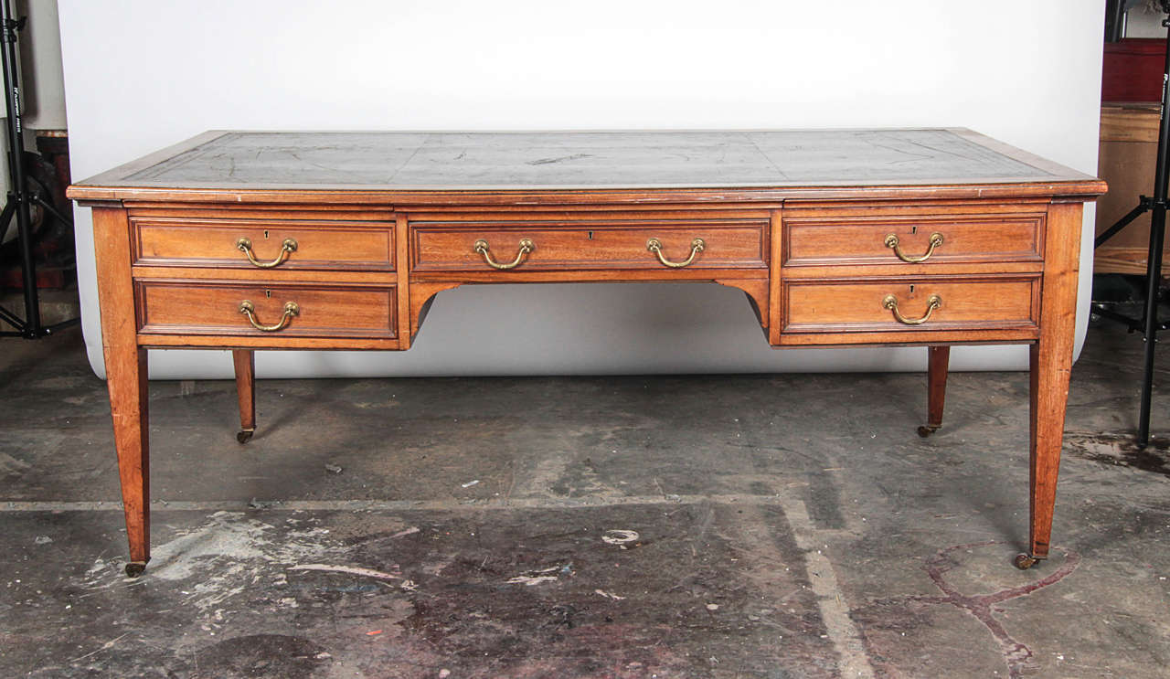 Maple And Co Writing Desk With Inset Black Leather Top At 1stdibs Wooden Leather Top Writing Desk With Worn Scratchearks Consistent Age