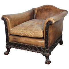 Leather Clawfoot and Rolled-Arm Club Chair