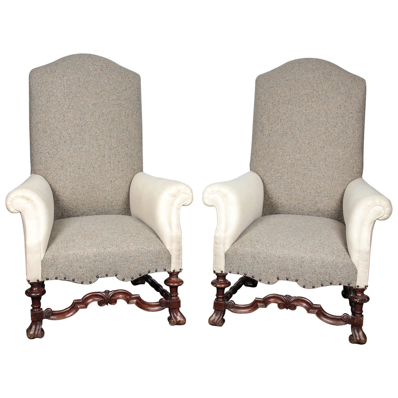 Pair of Queen Anne Style Walnut Upholstered Armchairs For Sale