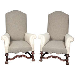 Pair of Queen Anne Style Walnut Upholstered Armchairs