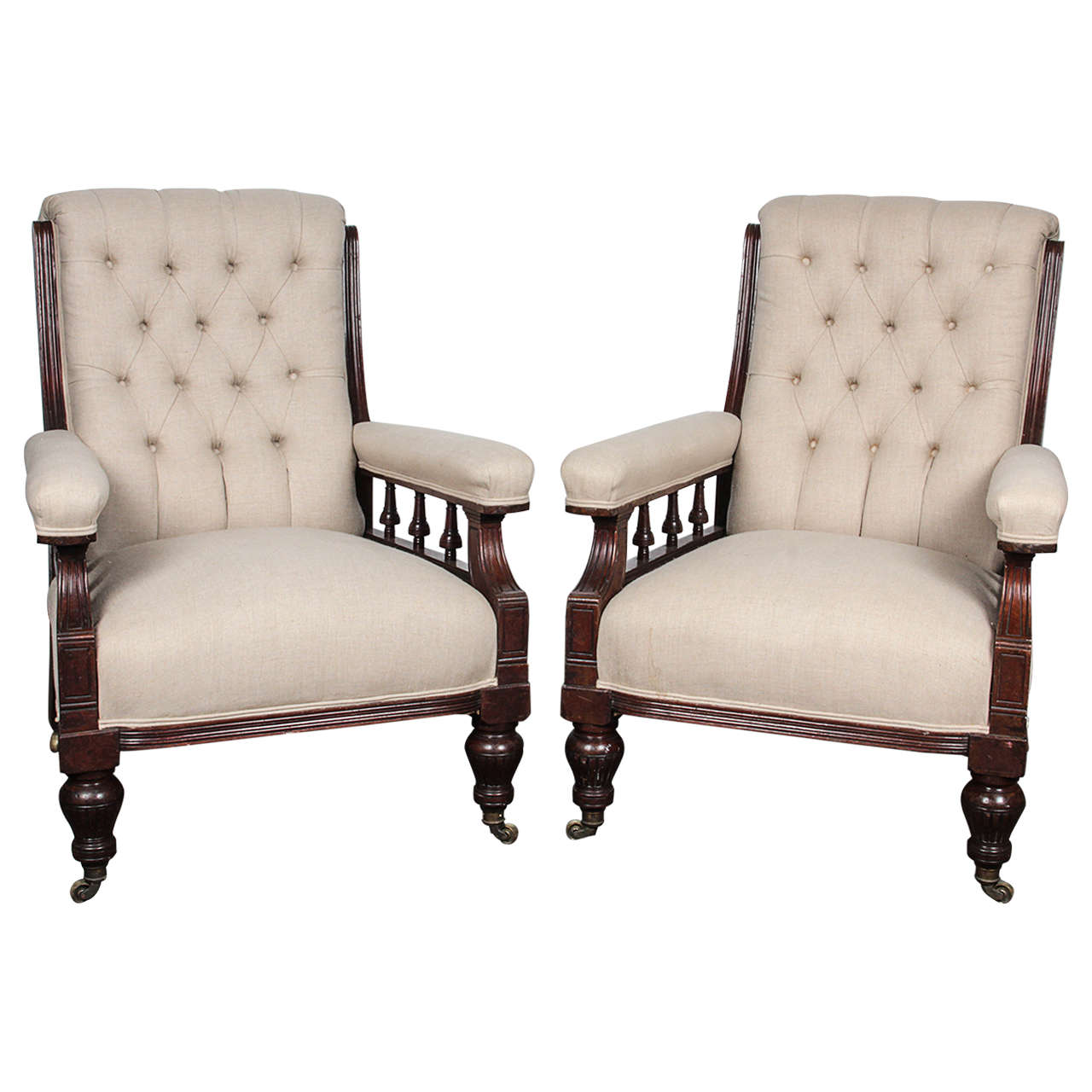 Pair of Victorian Mahogany and Button-Tufted Armchairs For Sale