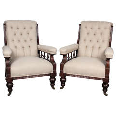 Pair of Victorian Mahogany and Button-Tufted Armchairs