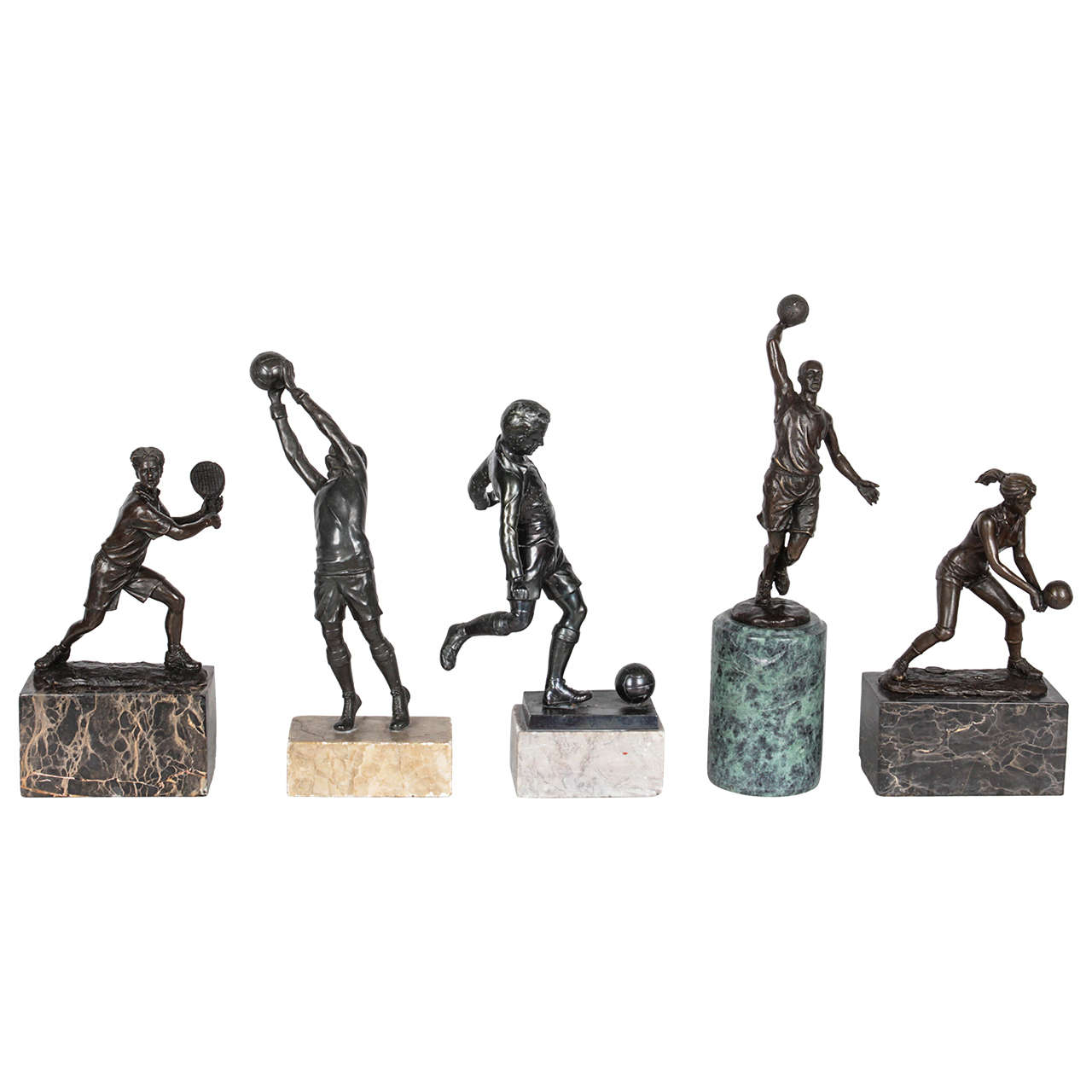 Set of Five Bronze Trophies on Marble Bases