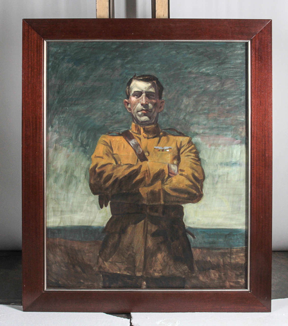 Oil on canvas painting of a military man with arms crossed. Signed upper right: B Sargent. Canvas size: 57.50