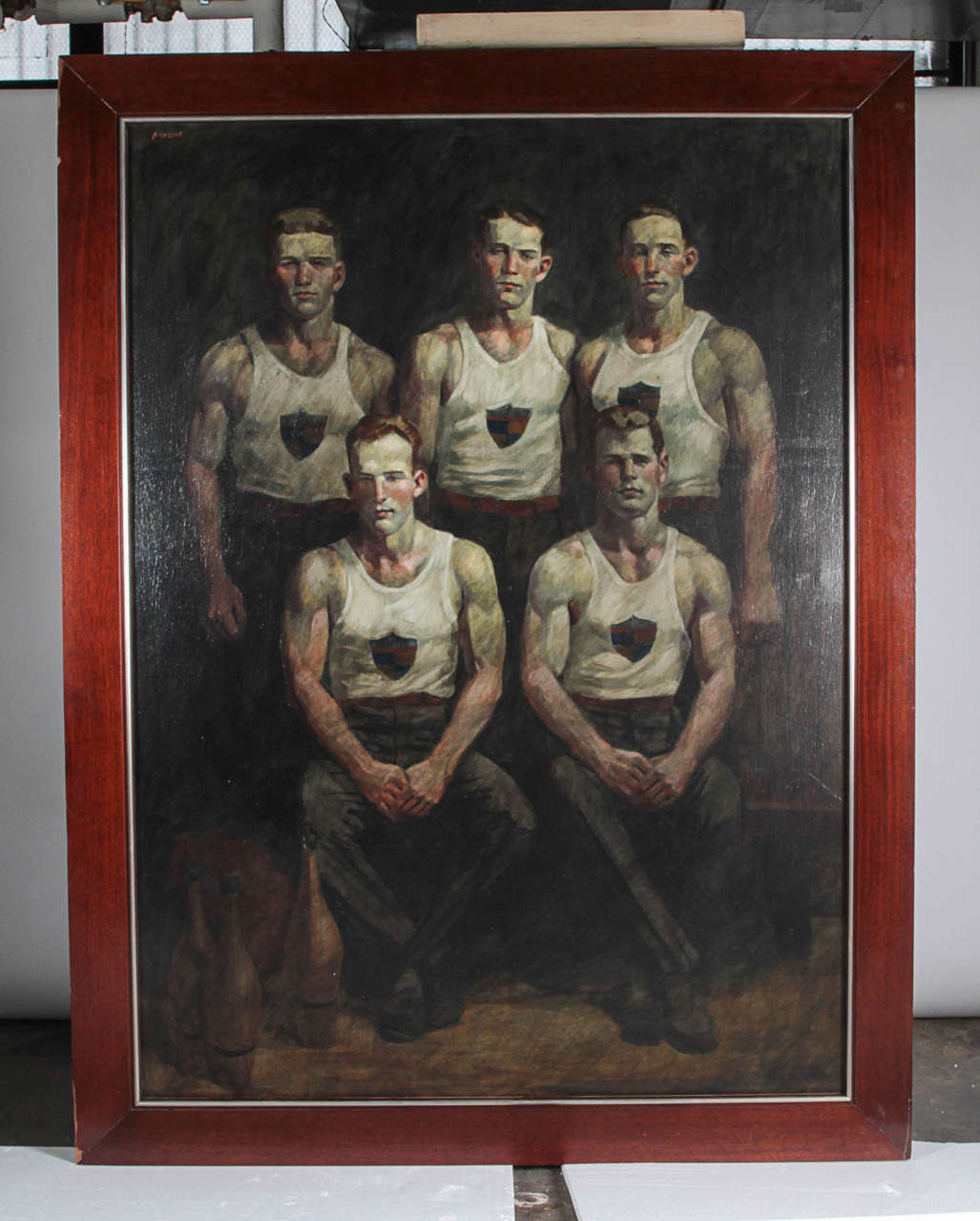 Oil on canvas painting of five athletes signed upper right: B Sargent. 

Bruce Sargeant is one of several personalities of artist Mark Beard. Beard is widely known for multiple things including set designing (1986–1997) in New York, London, Vienna