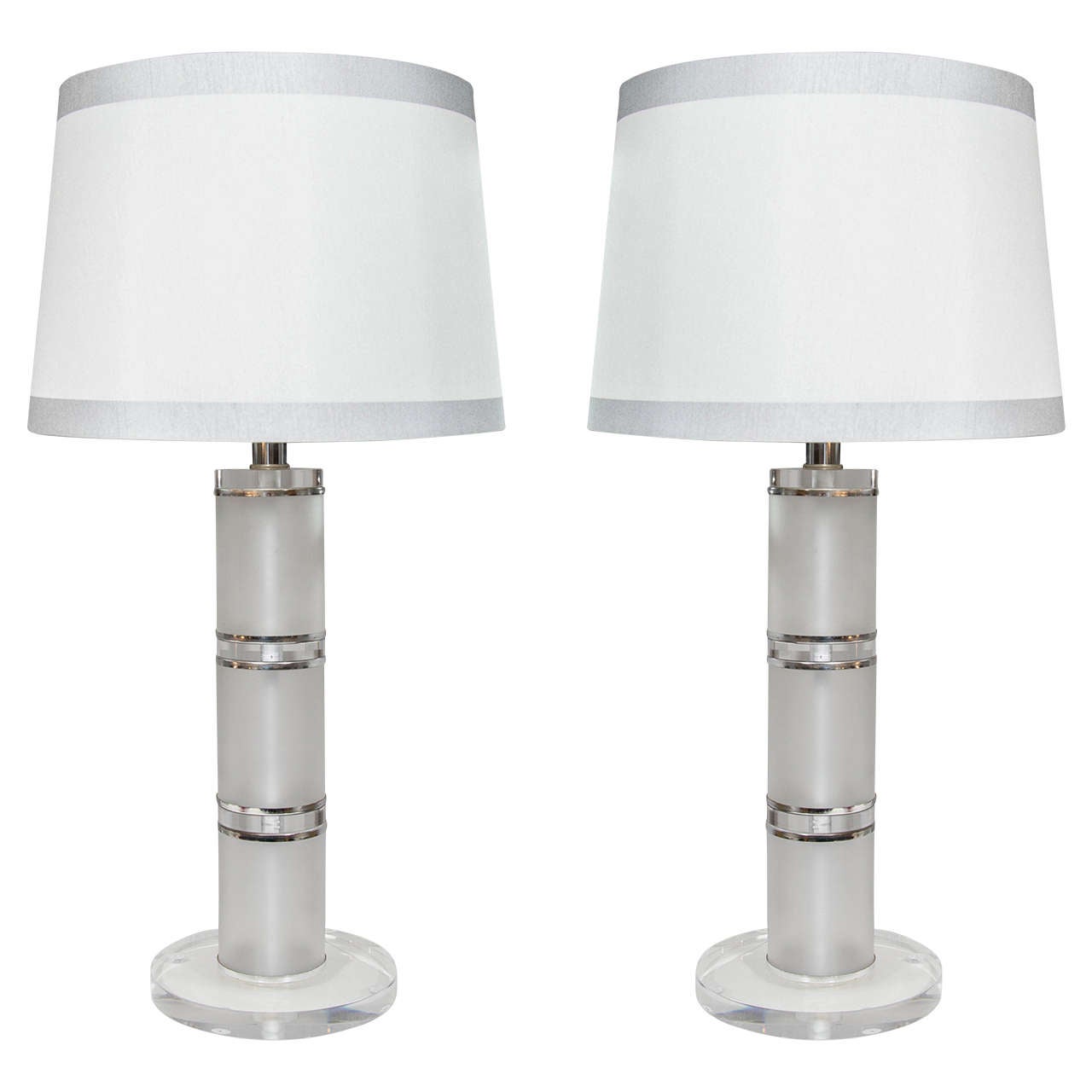 Pair of 1970s Frosted Lucite and Chrome Lamps