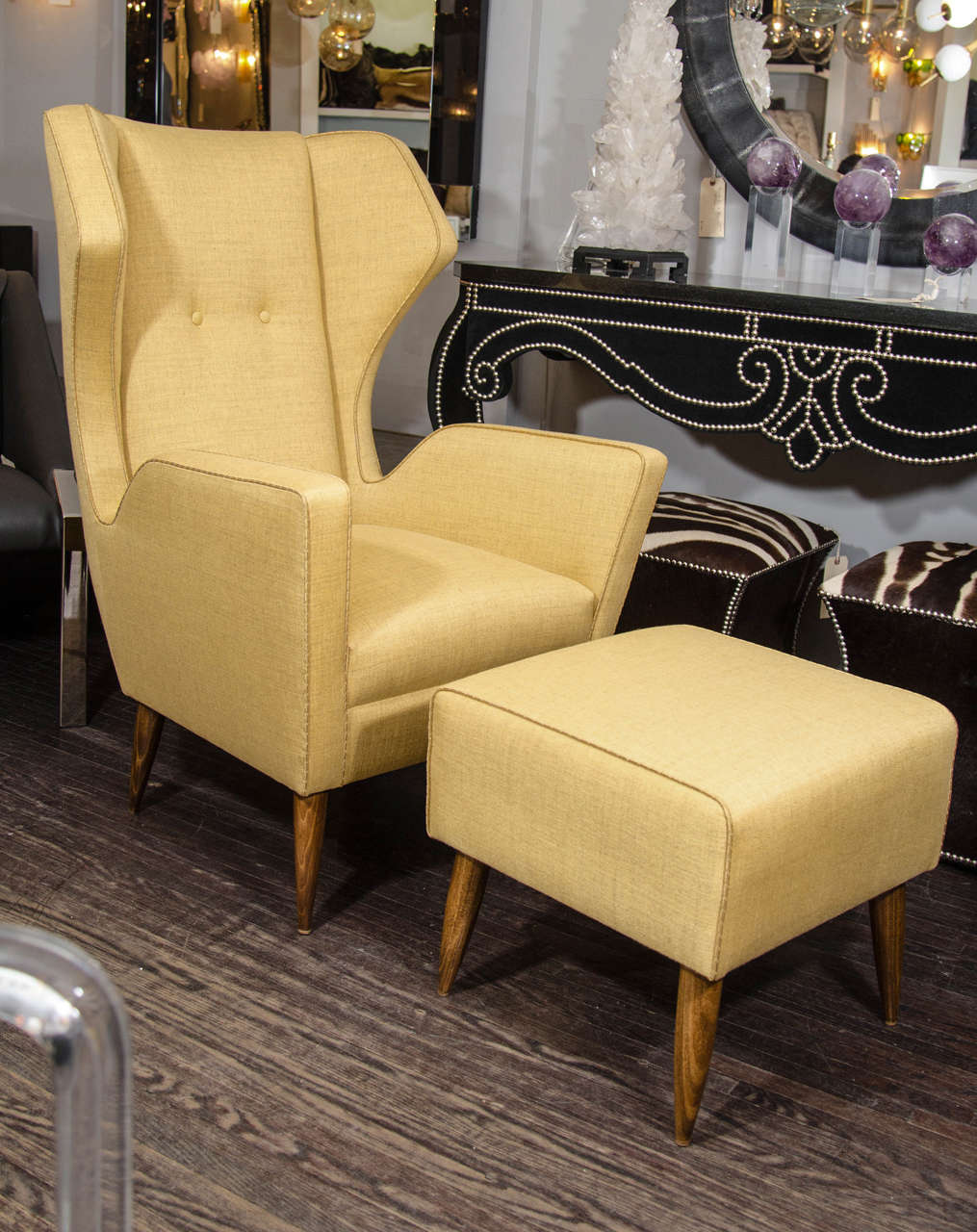Custom Gio Ponti style chair and ottoman in mustard color. Customization is available in different fabrics or COM (Customer Own Material)