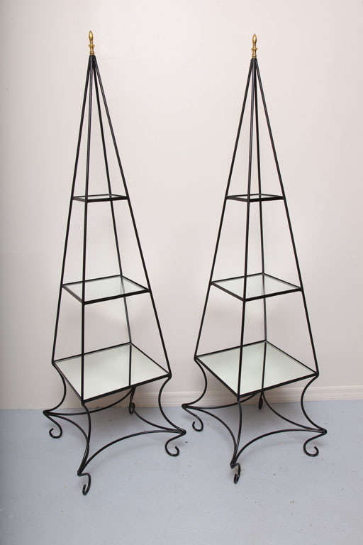 Elegant Pair of Black Iron Obelisk Etageres