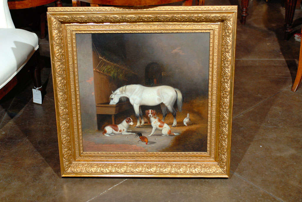 Canvas English Painting of Horse and Dogs