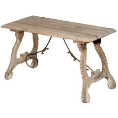 Spanish Baroque Style Bleached Wood Coffee Table with Lyre Legs and Carved Décor