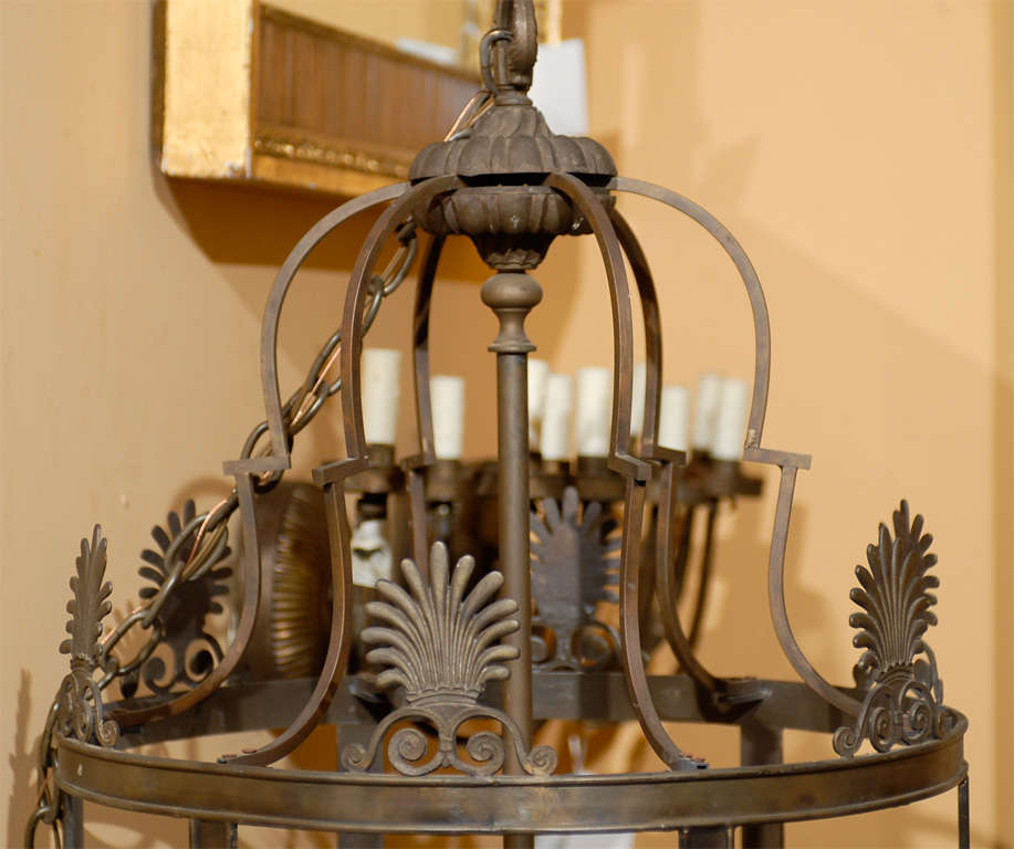 20th Century Large Iron Six-Candle Lantern with Antherium Motif In Good Condition In Atlanta, GA