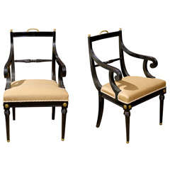 Pair Of 20thc Black Regency Style Side Chairs With Gilt Detail