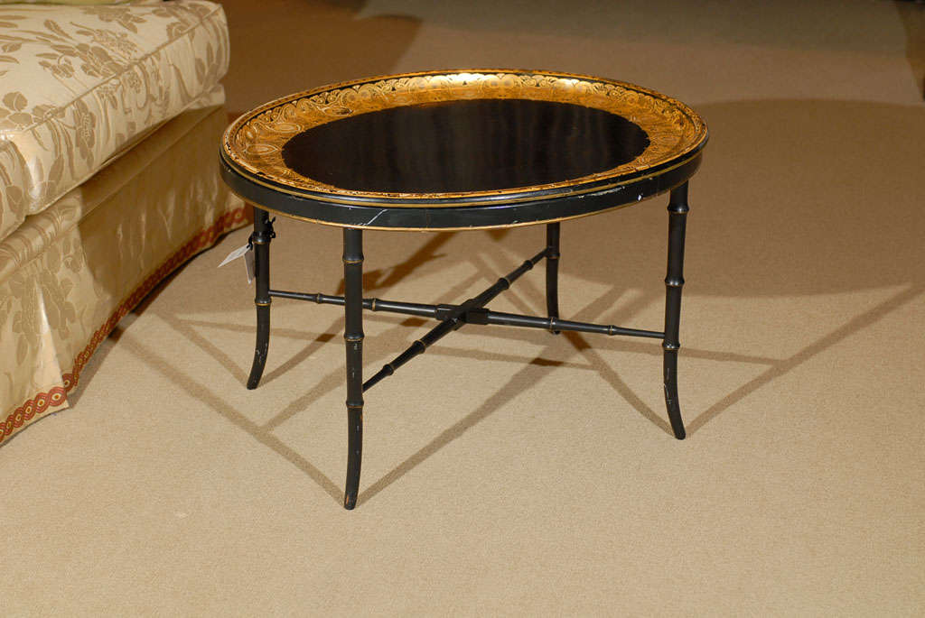 Oval Napoleon III style Papier Mache Tray Table with Gilt Border