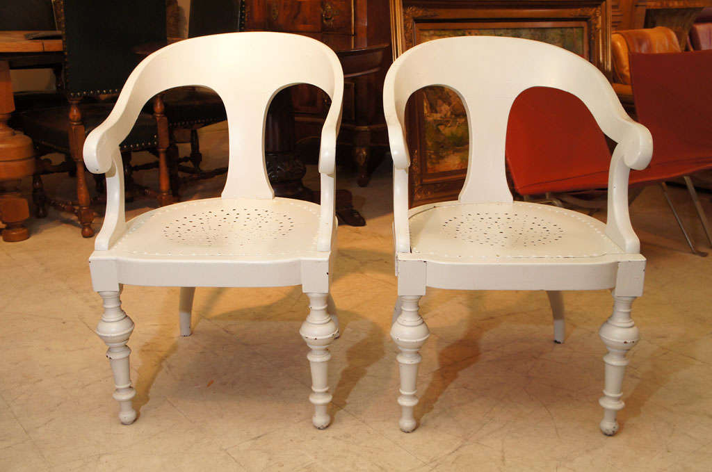 Pair of Danish 19th century Constantin Hansen Chairs, later painted white,  with inset seats.  This style of chair is very popular as a desk chair or dining chair.  Two sets  available.