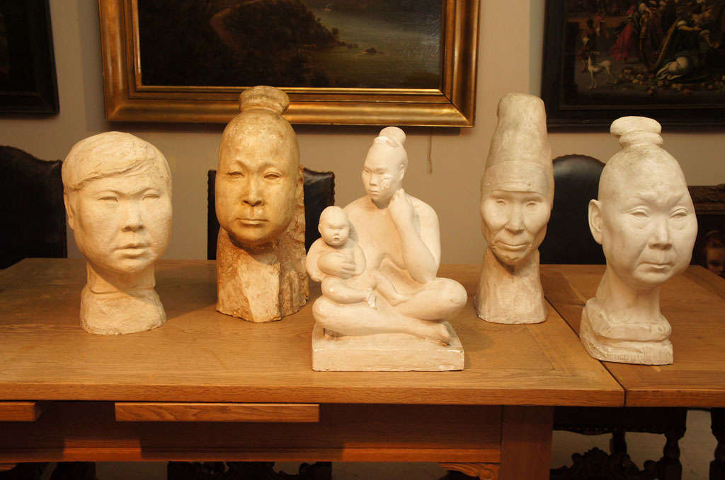 Five sculptured heads in plaster by a Danish explorer, archeologist and sculptor, Count Eigil Knuth. Born in 1903, educated in Denmark and Italy, between 1930s and 1960s he participated in excavations in Greenland and was the leader of two