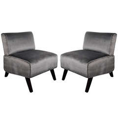 Pair of Luxe Art Deco Slipper Chairs in Gunmetal Velvet Mohair