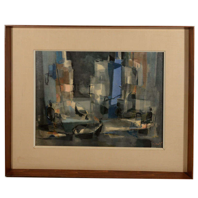 Transfert abstrait sur panneau « Street In Spain » de Marcel Mouly