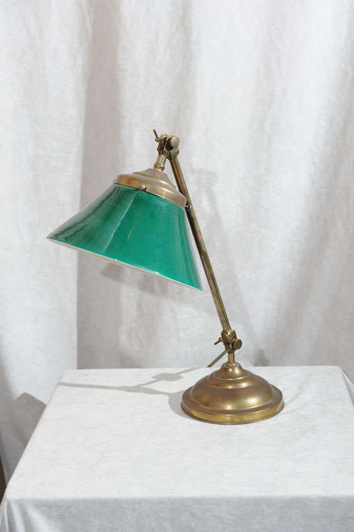 American Brass and Cased Green Glass Desk Lamp, Signed 