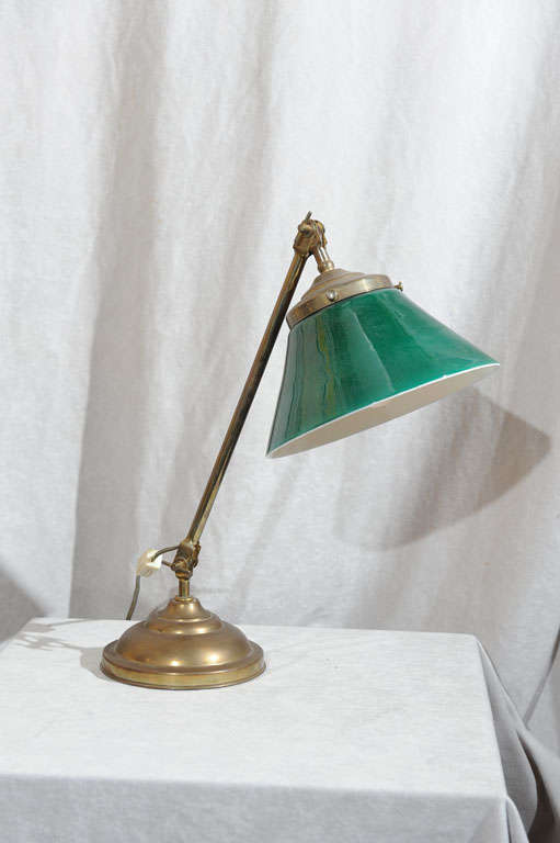 Brass and Cased Green Glass Desk Lamp, Signed 