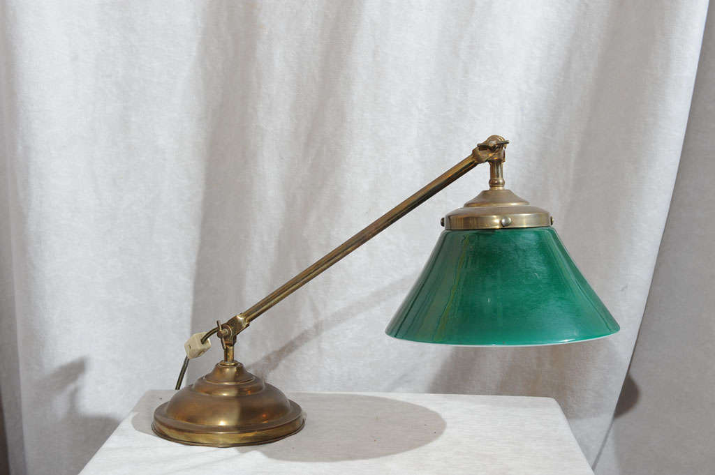Brass and Cased Green Glass Desk Lamp, Signed 