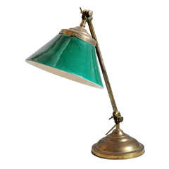 Antique Brass and Cased Green Glass Desk Lamp, Signed "Faries"