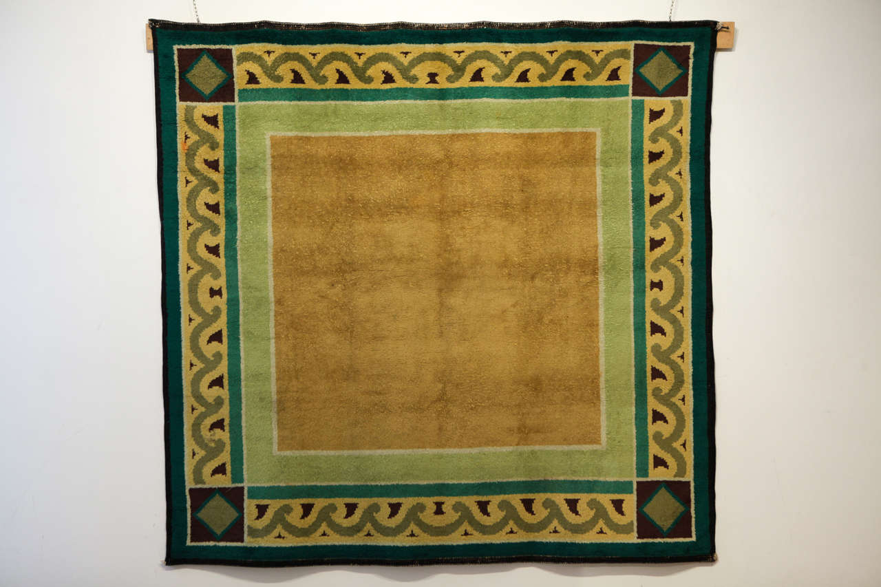 Hand-Knotted Square French Art Deco Wool Rug, 1930s
