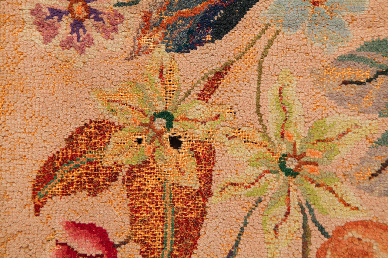 Hand-Woven Early American Hooked Floral Rug, 1880's For Sale