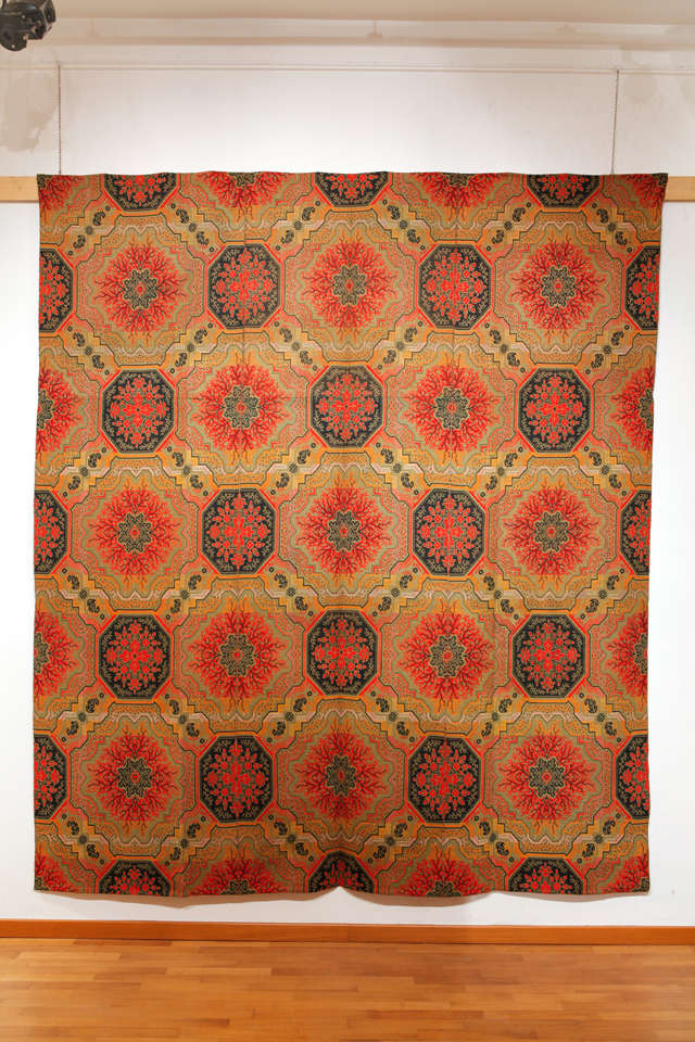 A rare flat woven ingrain carpet, decorated by an all-over trellis pattern reminiscent of early Bessarabia’s. It is reversible, as the back side is on a black background.
A similar ingrain carpet is in the Henry Ford Museum and Greenfield Village